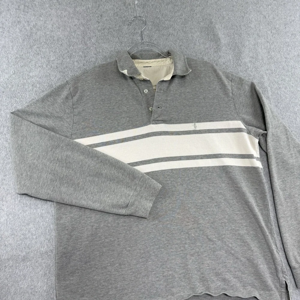 Vintage Polo Ralph Lauren Rugby Shirt Mens Large White Gray Striped Long Sleeve